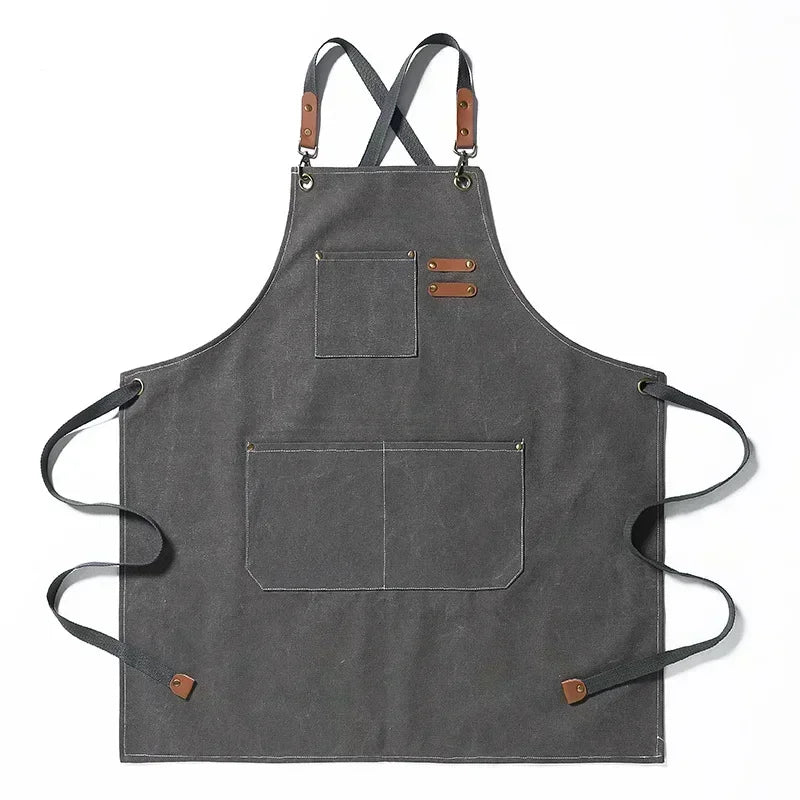 Professional Canvas Kitchen Apron with Adjustable Cross-Back & Large Pockets - Durable Food Service Uniform