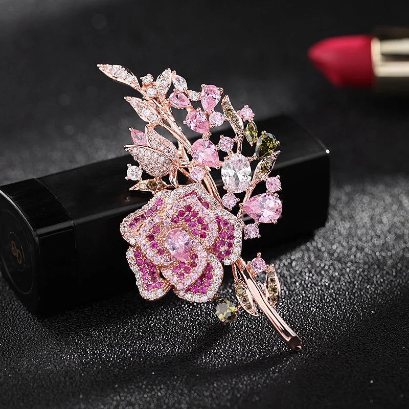Vintage Rhinestone Rose Brooch Water Drop Crystal Flower Jewelry for Women Lady