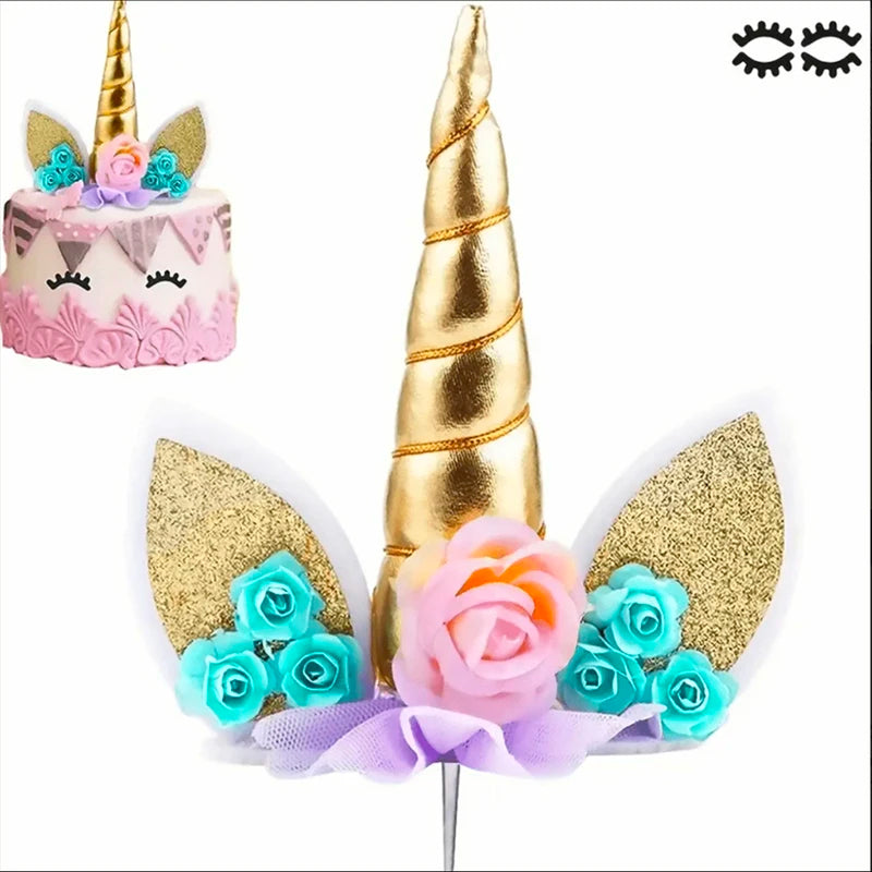 Unicorn Cake Topper with Eyelashes - Birthday Party Cake Decoration Supplies