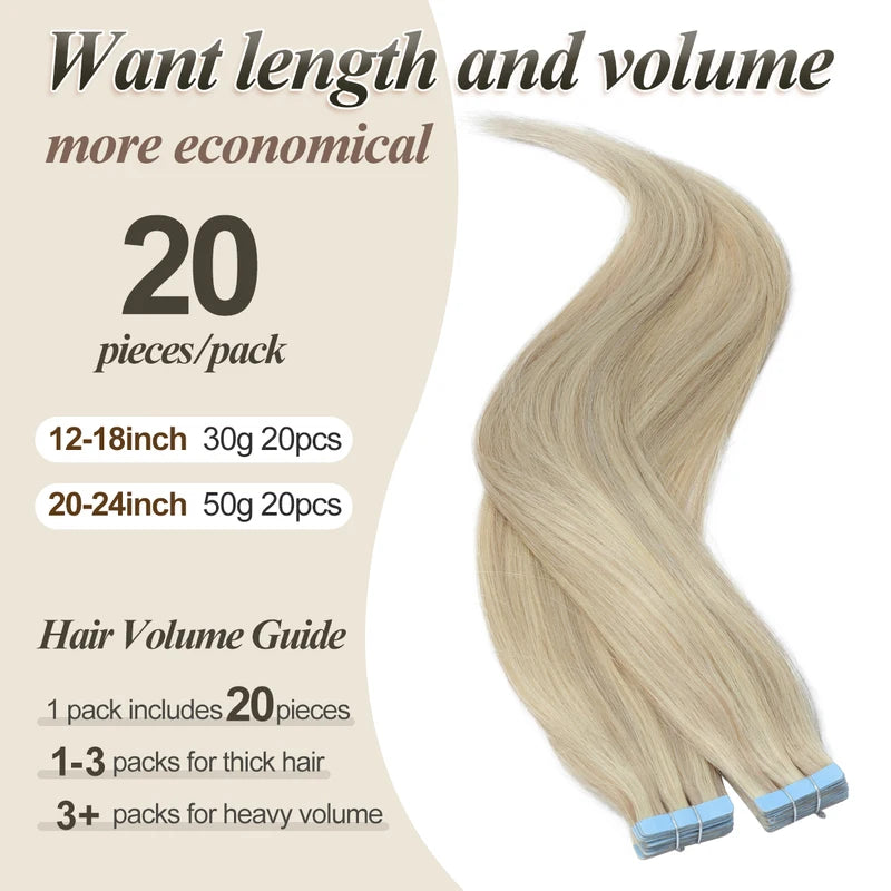 Human Hair Tape-In Extensions 20PCS Seamless Skin Weft for Full Head Volume