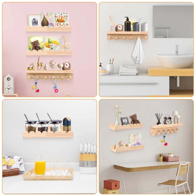 Wooden Floating Wall Shelves with Hooks - Nursery and Living Room Storage Organizer