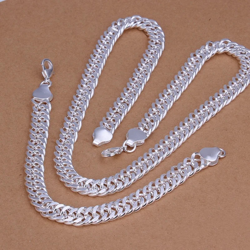 Sterling Silver 10MM Chain Necklace & Bracelet Set for Men Women Jewelry