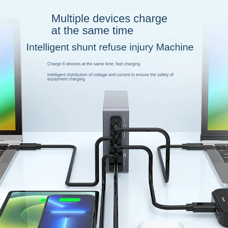 220W GaN Desktop Charger with 6 USB Ports Fast Charging Station for Smartphones Tablets Laptops