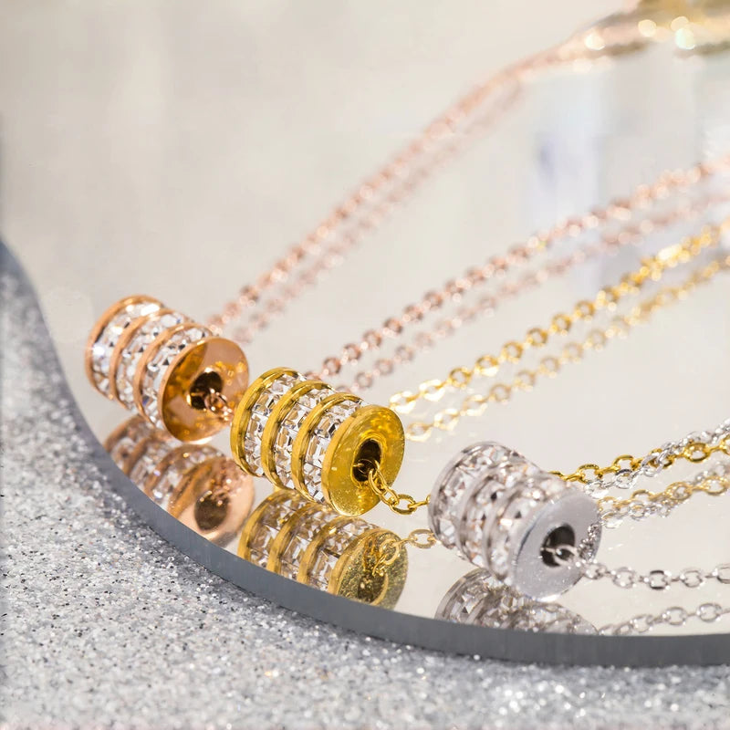 Stainless Steel Cylinder Pendant Necklace for Women with Zirconia Collar Jewelry Gift