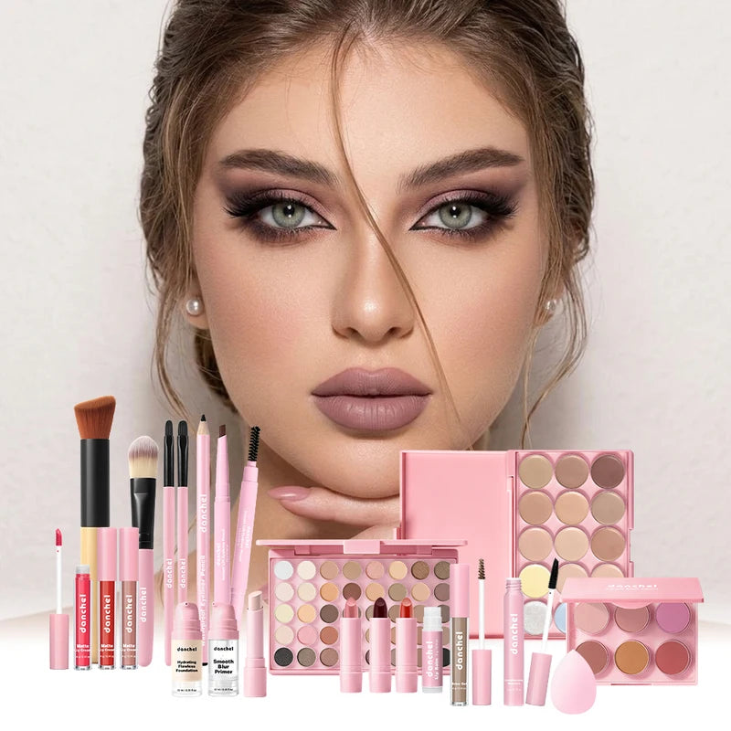 Complete Face Makeup Set with Eyeshadow, Blush, Lipstick, Foundation & Brushes