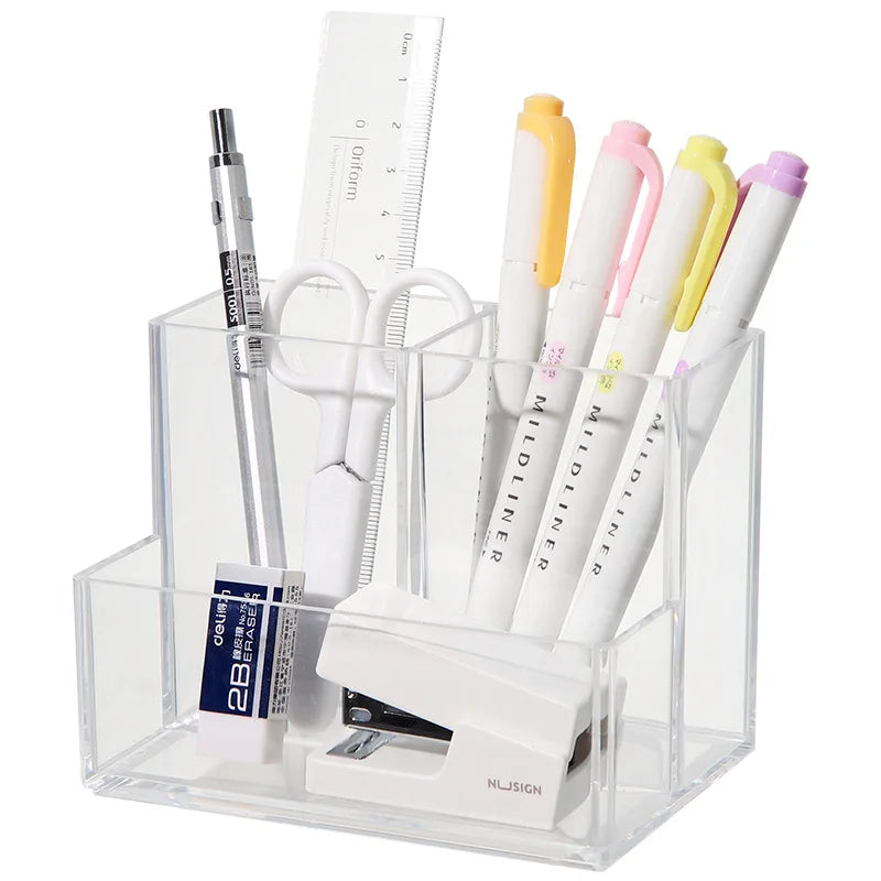 Transparent 3-Grid Makeup & Pen Organizer Box - Reusable Cosmetic Storage Bin