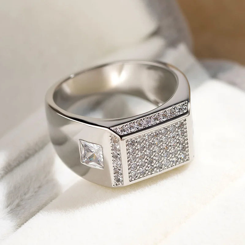 Mens Heart Wide Finger Ring Silver CZ Engagement Wedding Band for Women Men