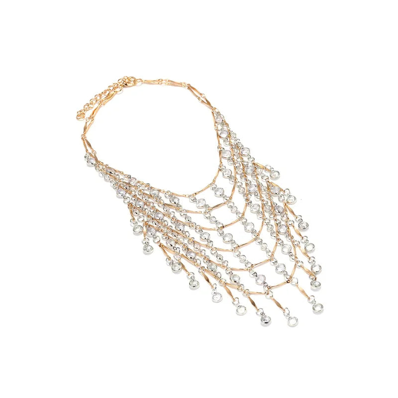 Multilayer Gold Waterfall Crystal Tassel Necklace for Women Bohemian Beach Wedding Party Jewelry Gift