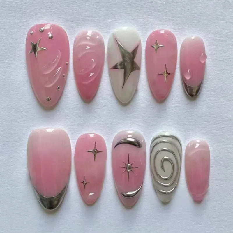 24Pcs Almond Fake Nail Tips with Bow Pearl Design - Press On Full Cover Nails