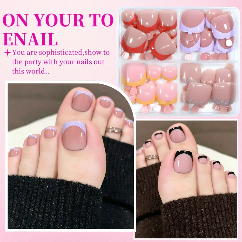 96pcs Press On Toenails Set - Short Square Fake Toe Nails with French Tip and Cat Eye Full Cover Artificial Nails for Feet