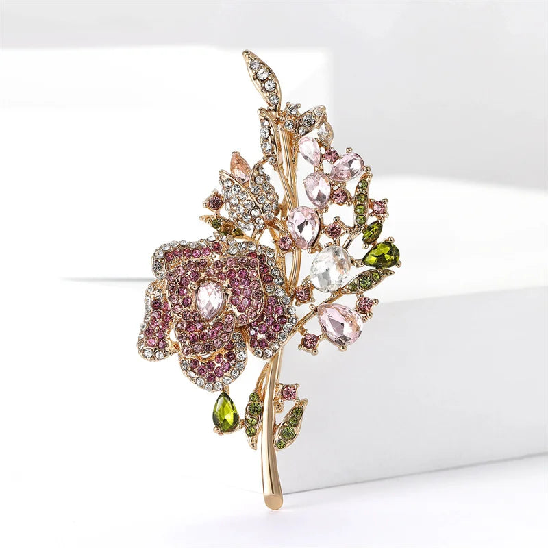 Vintage Rhinestone Rose Brooch Water Drop Crystal Flower Jewelry for Women Lady