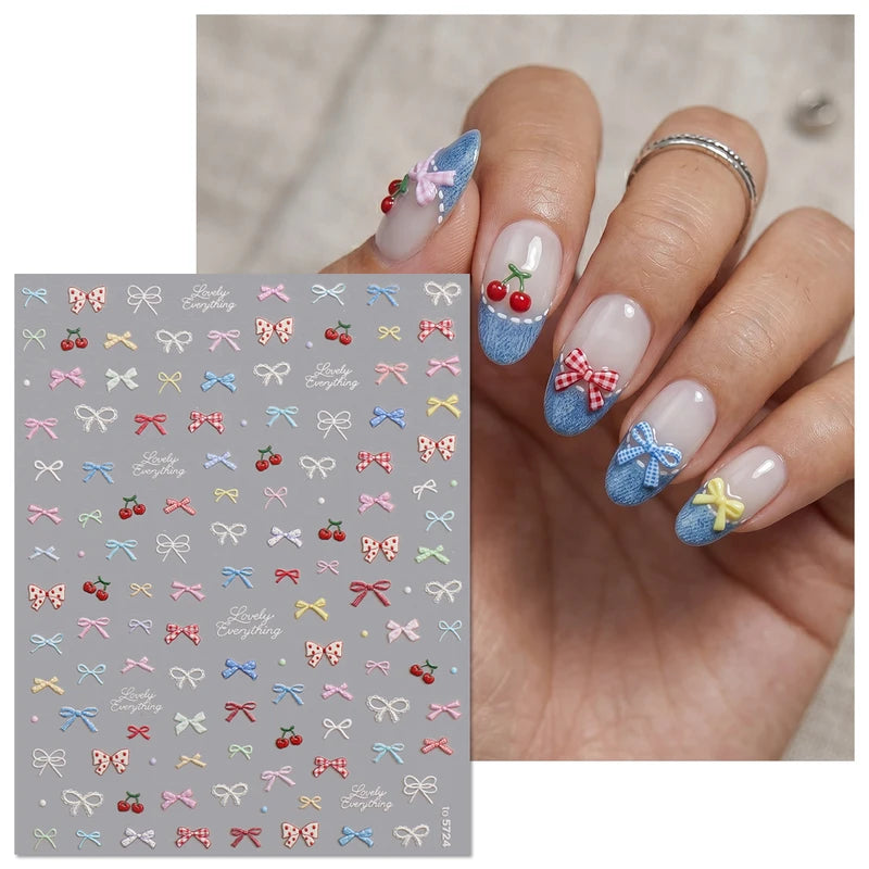 5D Embossed Bow & Cherry Nail Stickers - Textured Decals for DIY Manicure & Party