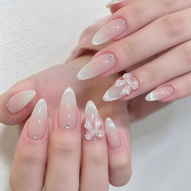 24Pcs French Press Nail Art Set with Diamond-Pointed Bow Knots for Women & Girls - Almond Shape