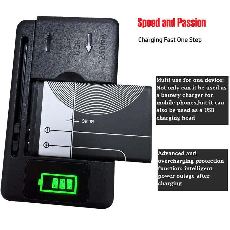 Universal Battery Charger with LCD Screen USB Port for 32-55mm Lithium-Ion Batteries, Multi-Voltage US UK EU Plug