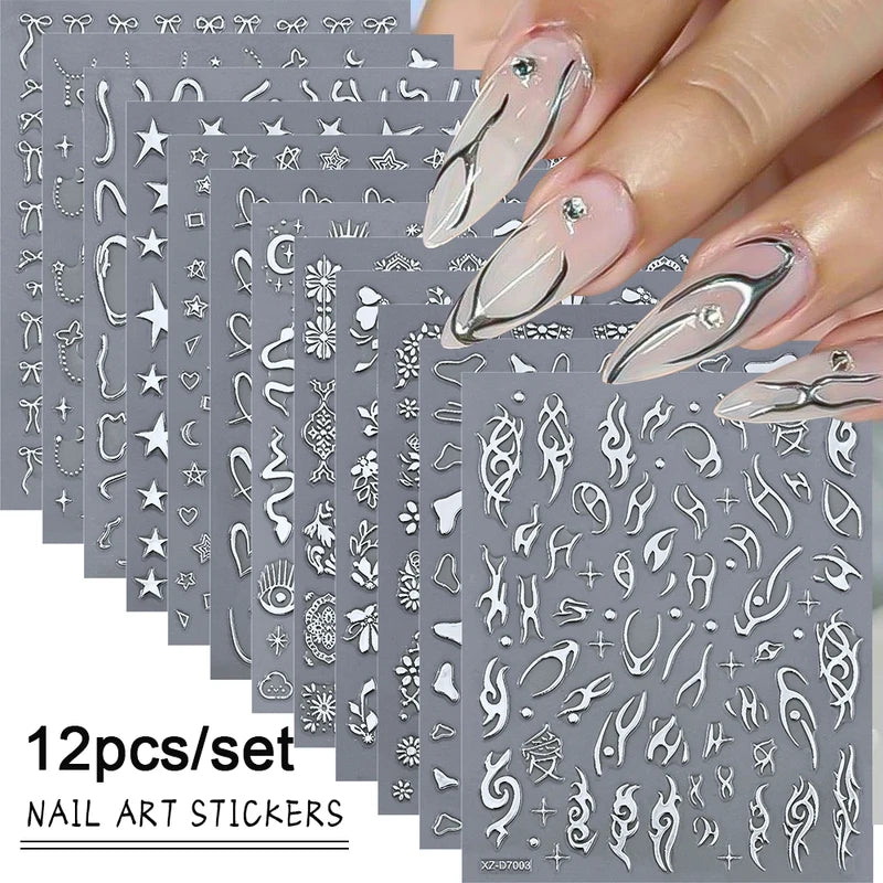 12pcs 3D Metallic Nail Stickers Chrome Stars Hearts Irregular Flames Self-Adhesive Manicure Decals