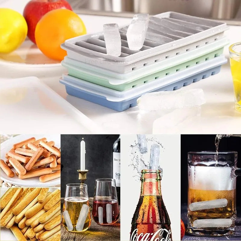 Silicone Ice Stick Tray with Lid - Rectangular Long Ice Mold for Drinks & Snacks