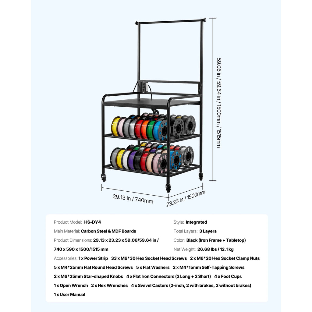 3-Tier Filament Storage Rack for 3D Printers with Wheels and Heavy Duty Steel Frame