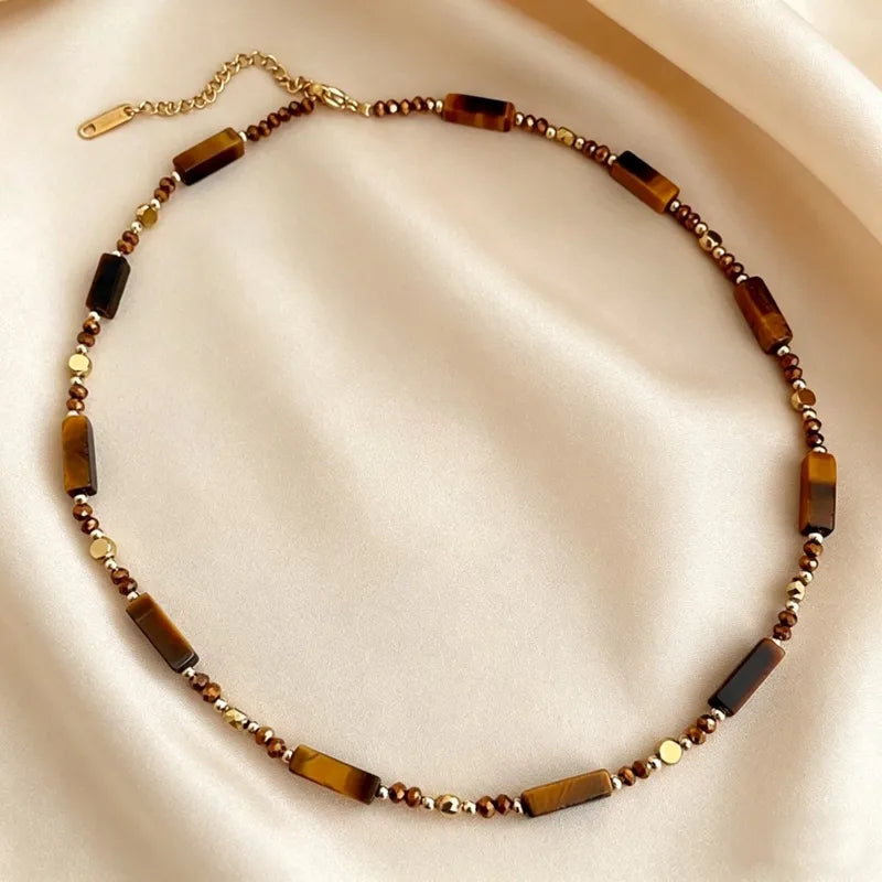 Retro Tiger Eye Pendant Necklace for Women Jewelry Layered Collarbone Chain