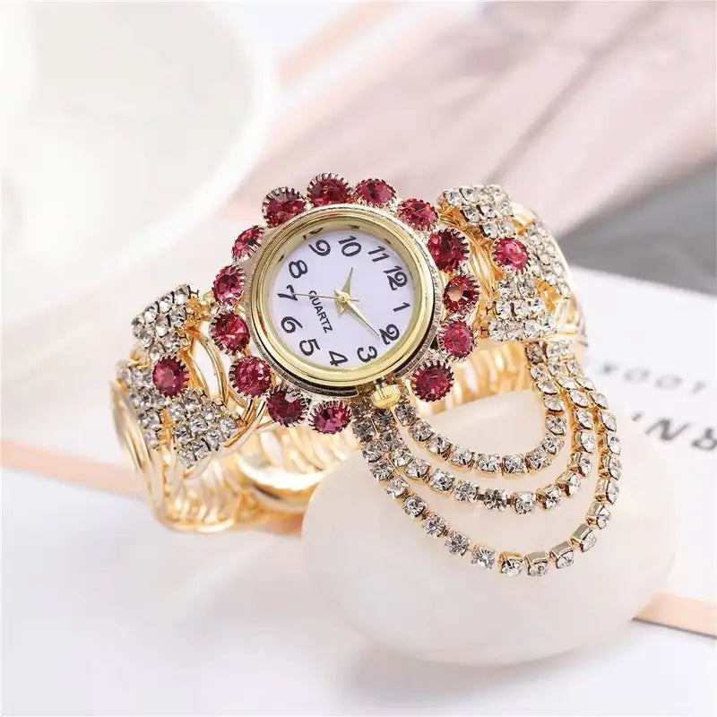 Fashion Women's Quartz Watch with Rhinestones and Adjustable Bangle