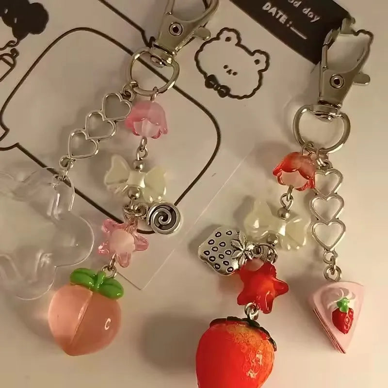 Y2K Handmade Fruit Keychain Set - Strawberry & Peach Fairytale Charm for Girls