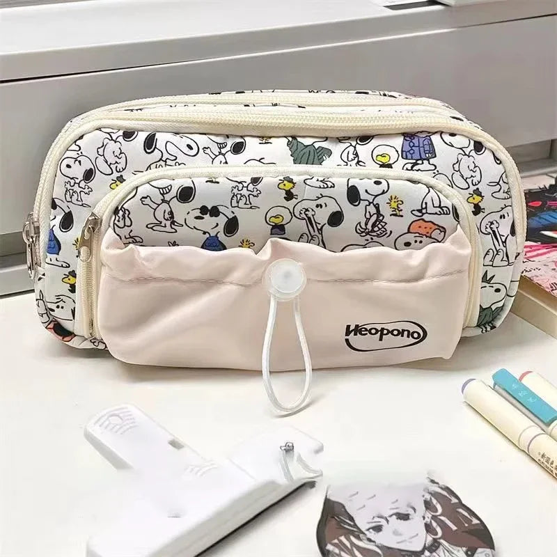 Kids Cartoon Snoopy Pencil Case Multi Layer Canvas Drawstring Pen Bag School Supplies
