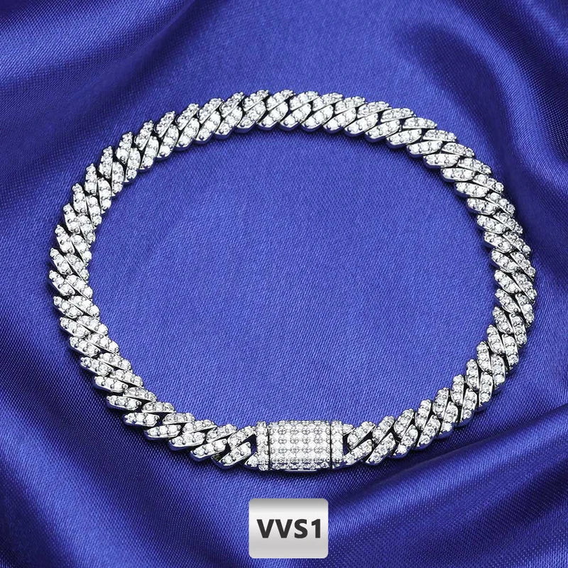 Moissanite Iced Out Cuban Link Chain Bracelet for Women - Silver Plated Hip Hop Jewelry