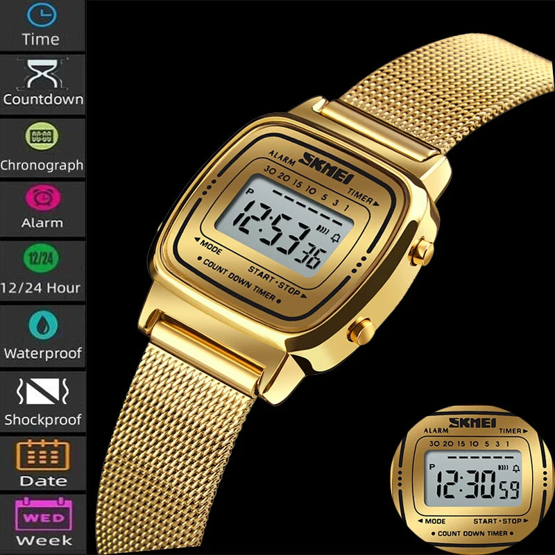 Women Digital Sport Watch Waterproof Stainless Steel Band Casual Luxury Wristwatch