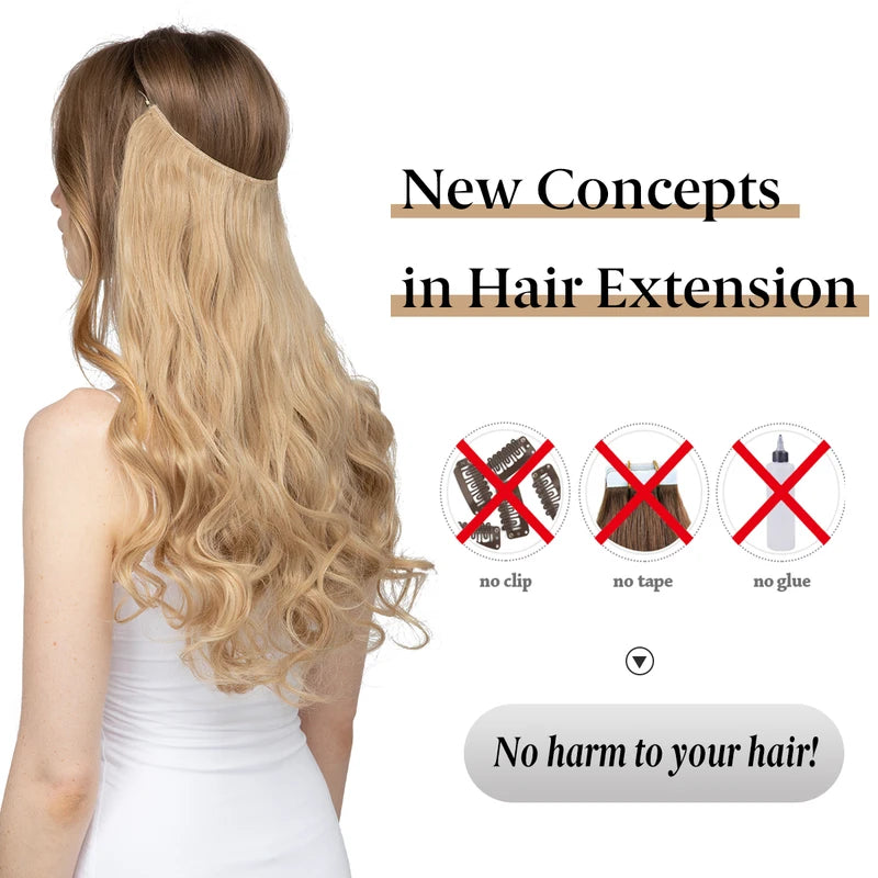 Synthetic Hair Extensions No Clips for Natural Hair - Ombre, Long Wave, Invisible Wire