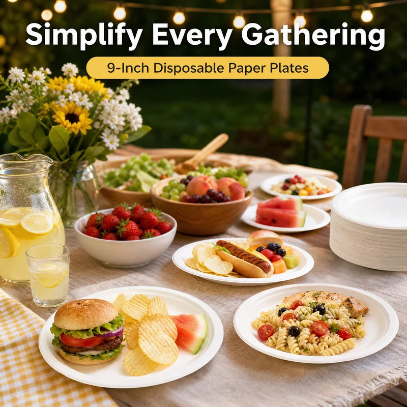9 Inch Eco-Friendly Disposable Paper Plates - 50 Pack, Sugarcane, Biodegradable, Leak-Resistant for Parties & Meals