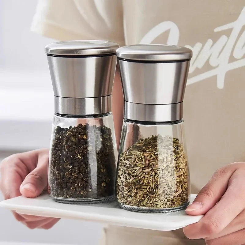Manual Salt and Pepper Grinder Set - 180/200ML Stainless Steel Glass Spice Bottles for Kitchen