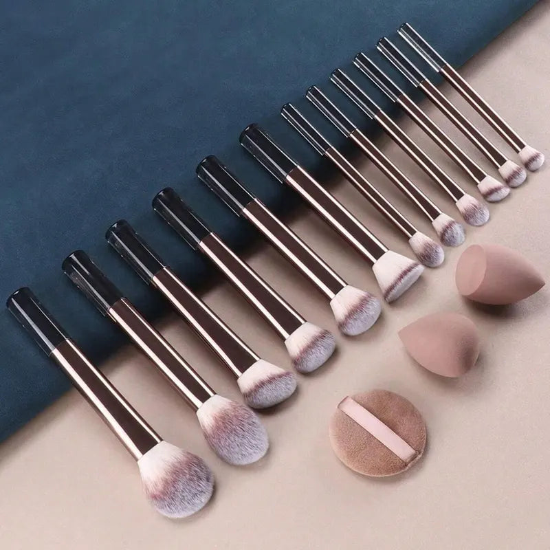 12pcs Makeup Brush Set with Sponges & Powder Puff - Travel Cosmetic Tools