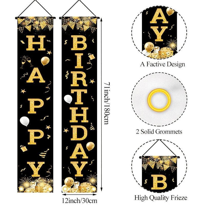 Outdoor Happy Birthday Banner Set - Black & Gold Wall Door Porch Decoration