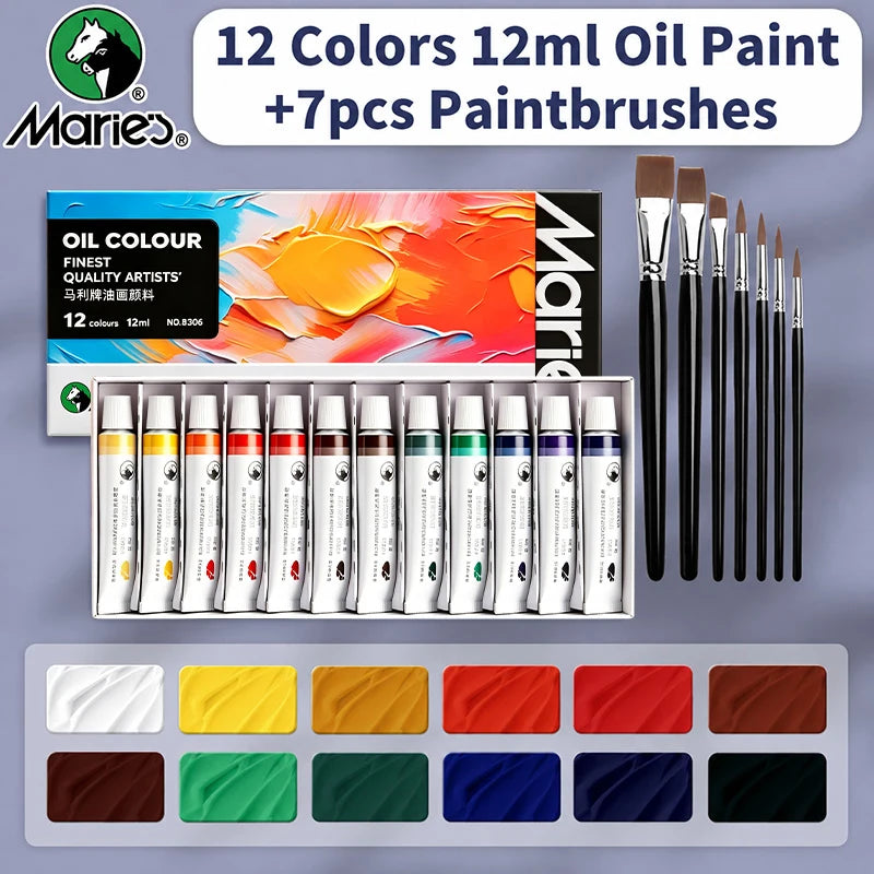19 pcs Oil Paint Kit with 12 Colors & 7 Brushes - Vibrant Oil Painting Set for Artists