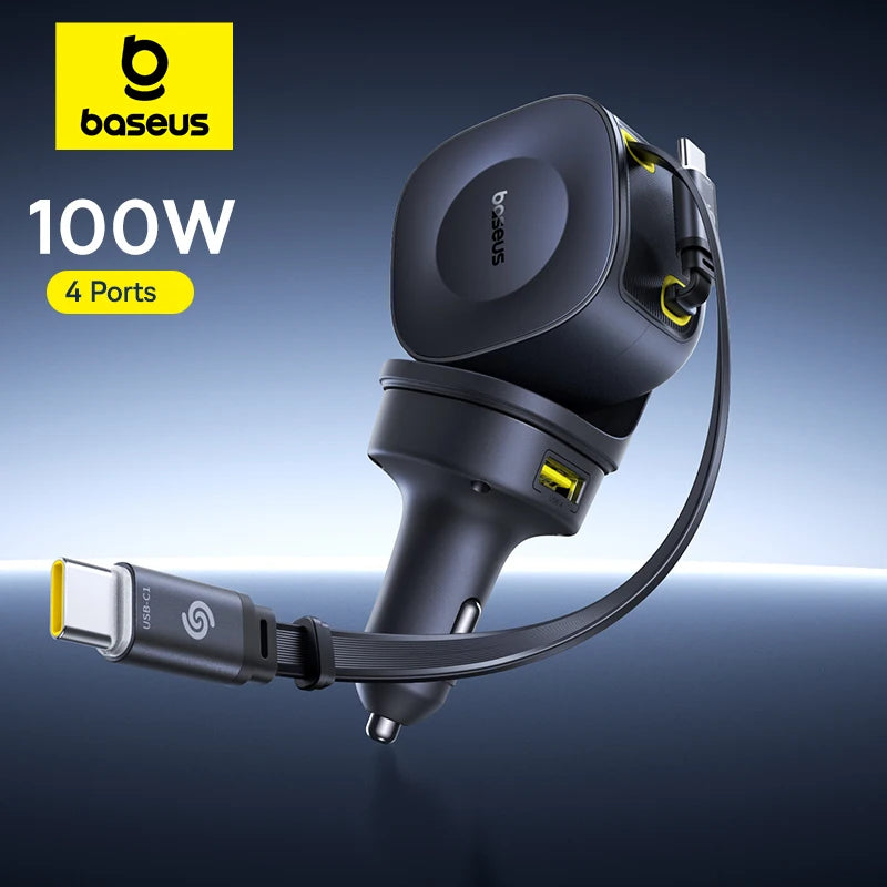 100W Car Charger with Dual USB-C Ports Fast Charging Retractable Cable 450° Rotation