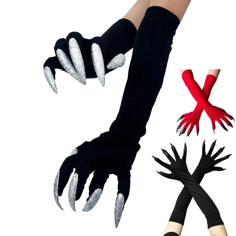 Halloween Cat Wolf Nail Gloves with Glitter Long Nails Cosplay Costume