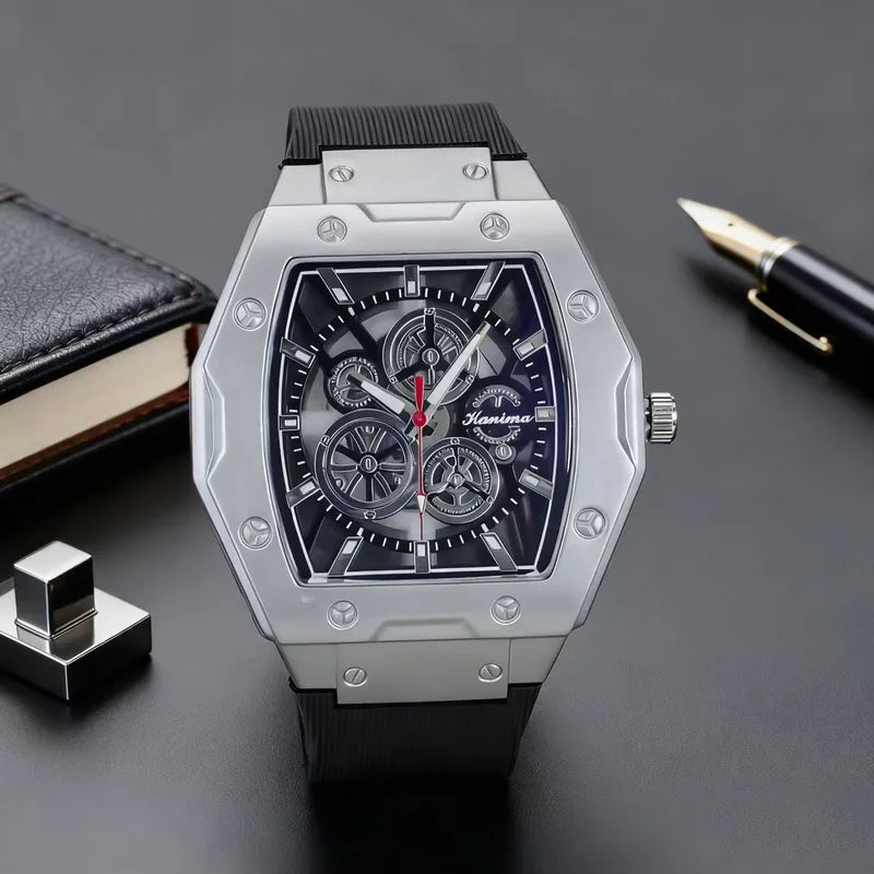 Luxury Men's Skeleton Faux Mechanical Watch Silicone Quartz Sport Watch