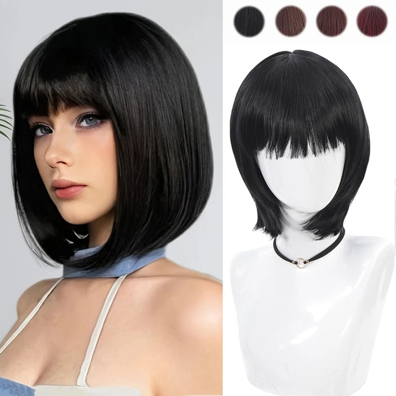 Short Straight Bob Wig for Women Synthetic Hair with Fringe - High Temp Silk Style