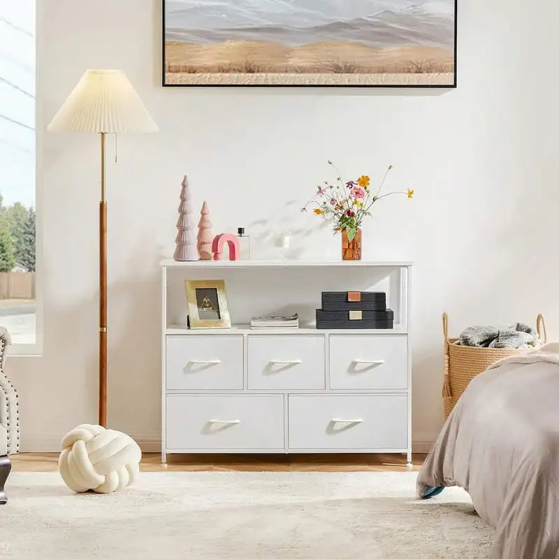 Bedroom Dresser Chest with Fabric Bins - Wooden Top Storage Tower