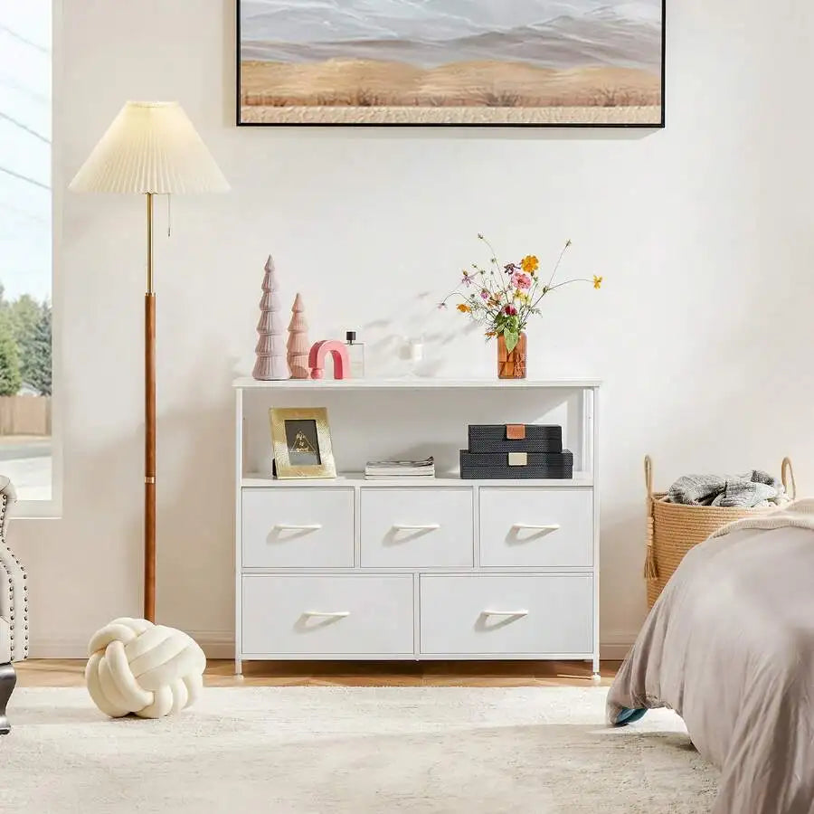 Bedroom Dresser Chest with Fabric Bins - Wooden Top Storage Tower