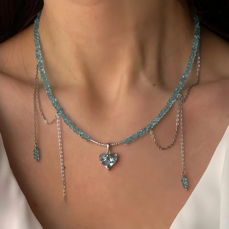 Irregular Stone Choker Necklace for Women Tassel Heart Pendant Jewelry Gift