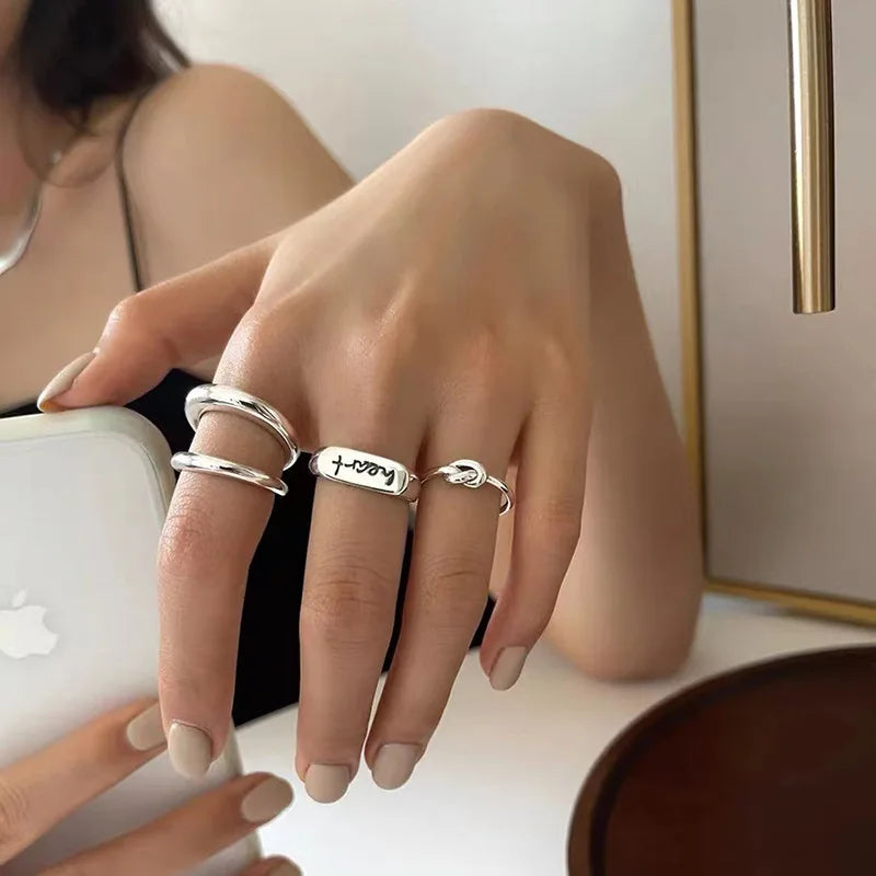 Sterling Silver Geometric Double Line Ring for Women - Adjustable Bohemian Vintage Jewelry