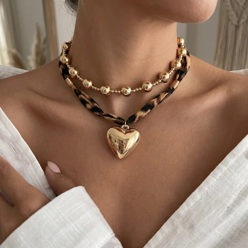 Leopard Print Choker Necklace Set with Heart Pendant and Gold Ball Chain for Festivals & Parties