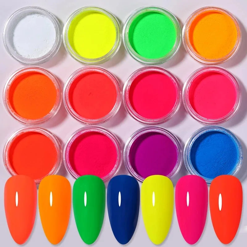 Neon Nail Art Powder Set 12 Pots Fluorescent Glitter for Manicure & Body