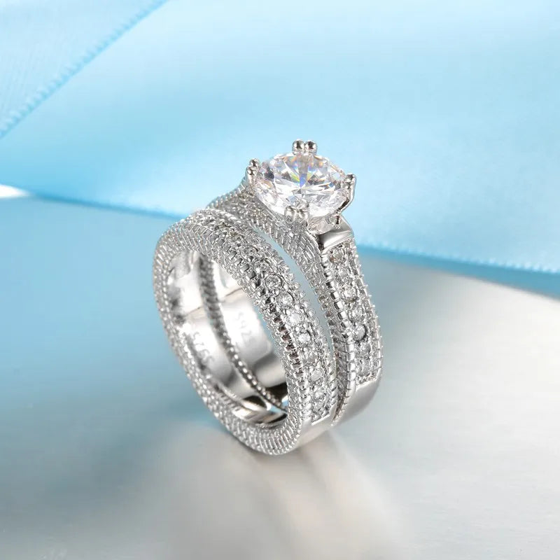 Elegant Wedding Engagement Ring Set - 925 Sterling Silver with Cubic Zirconia