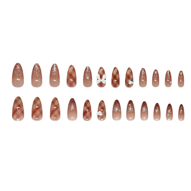 24PCS Fake Nail Tips Set with Plaid Gradient Design for Women