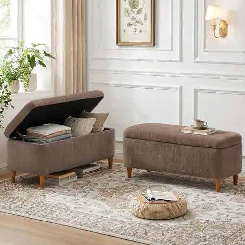 39.4-Inch Upholstered Storage Bench with Wooden Legs - Modern Fabric Ottoman for Living Room or Bedroom