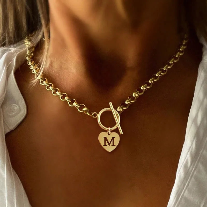 Heart Necklace for Women and Girls - 18K Gold Plated Stainless Steel Chunky Choker Chain Jewelry