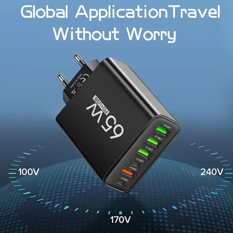 65W Multi Ports USB Charger with Fast Charging Type C Phone Adapter - EU/US Wall Plug