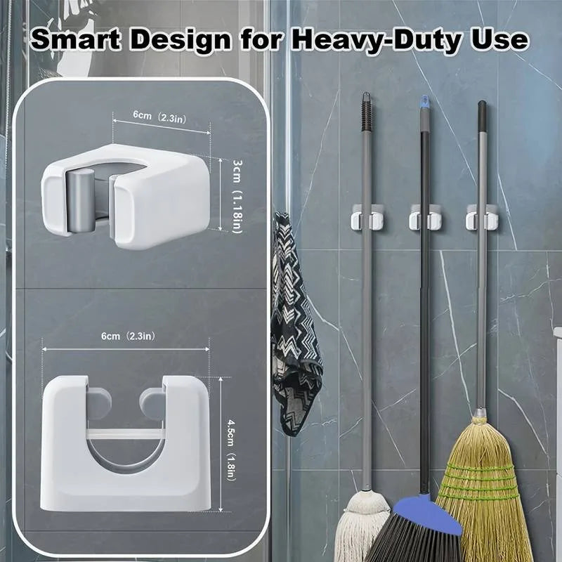 Self-Adhesive Wall-Mounted Mop and Broom Holder No Drilling Kitchen Bathroom Storage
