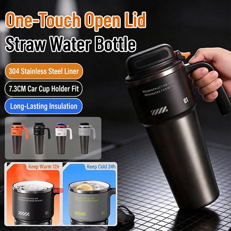 Insulated Stainless Steel Water Bottle with Flip Lid & Straw - 1L Vacuum Thermos Mug for Travel & Home
